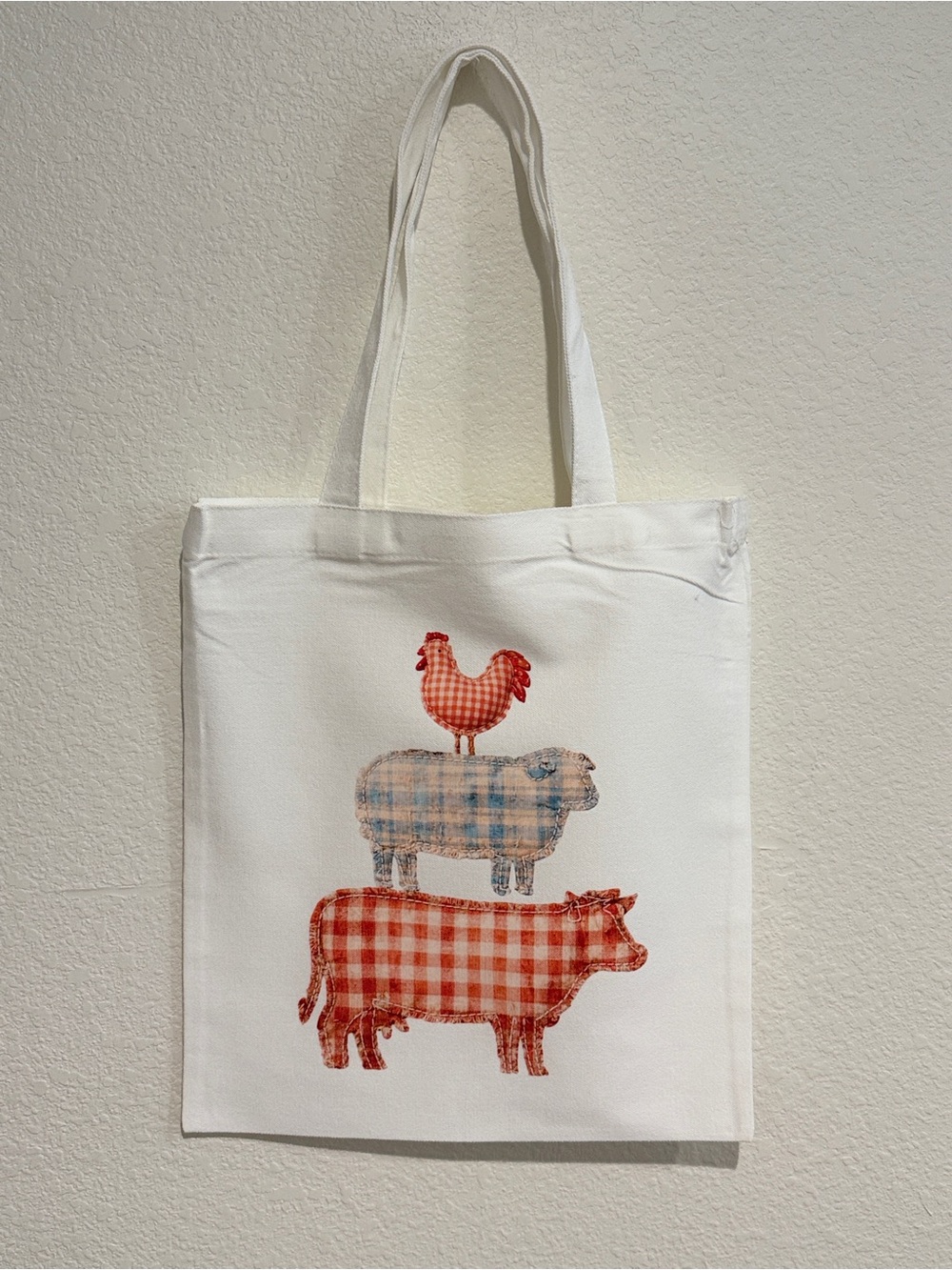 Handmade Canvas Tote Bag with farm animals quilt like Graphic - White